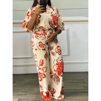 Women's Long Bottom Cross-Neck Suit, Bright Fashion Flower Print Pattern, Waist-cinching Short Top, Plus Size, Spring & Summer