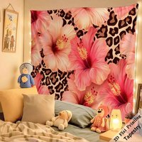1pc Pink Hibiscus Leopard Print Tapestry, Floral Animal Wall Hanging, Cool Room Stuff, Large Size, Polyester 2D Print, Bedroom S