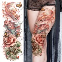 1 Chinese style auspicious double fish pink peony waterproof adult women's full arm tattoo sticker