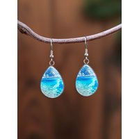 1 Pair of Light Blue Sea Pattern Earrings with Convex Glass and 316 Stainless Steel Water Drop Ear Hooks, in a Retro and Simple Style Suitable for Women for Daily Gift-Giving or Wearing as Jewelry.