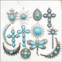 Animal Cross Moon Pendants Antique Silver Color Turquoise Charms For Bracelets Charms Making Jewelry HCJBAB