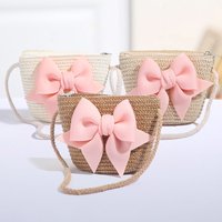 New Pink Bow Girl Bags Zipper Woven Straw Kids Princess Messenger Bags Outdoor Travel Keys Candy Crossbody Bags