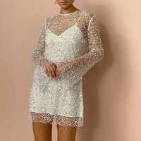 Beaded Mesh Net Dress Women Two Piece Sets Sling Glitter Mini Dress Long Sleeve Round Neck Sheer Sequin Dress Two Piece Outfit