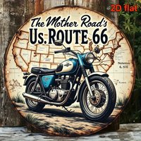 2D Flat, 1pc Round Aluminum Sign - Route 66 Motorcycle & Vintage Americana Wall Art, Retro Road Trip Decor for Garage, Bar