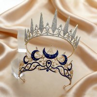 2Pcs Celestial Moon Star Tiara Set Spiked Rhinestone Crown Blue Enamel Headwear Luxurious Headpieces for Proms Royal Occasions