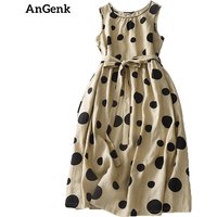 2026 Summer Dress Korean Fashion New Arts Style Women Sleeveless Polka Dot Print All-Matched Casual Cotton Linen Tank Dresses