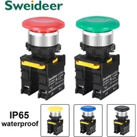22mm Mushroom Button Switch Waterproof Latching Momentary Self Reset Push Button Switch Power Start Switch Red Green 10A 1NO1NC