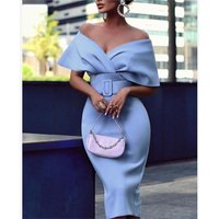 Sexy Off-Shoulder Belted Slim Party Dress High Waist Street Style Short Sleeve V-Neck Color Women's Fashion Autumn Dress