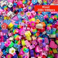 200/100pcs 9-11mm Random style Vibrant Round Clay Beads - Assorted Animal, Heart & Flower Patterns for DIY Jewelry Making