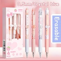 4 Erasable Neutral Pens, Comfort Grip, 0.5mm Fine Tip, and Blue Ink, Cute Design with Bow and Strawberry Decorations