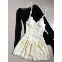 Autumn Winter Korean Sweet Women Outfits Y2k 2000s Long Sleeve Tops + Coquette Ballet Core Lace Mini Dress Elegant 2 Piece Sets