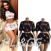 HLJ&GG Fashion Letter Print Bandage Hollow Mini Skirts Two Piece Sets Women Round Neck Short Sleeve Crop Top And Skirts Outfits