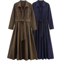 New Women Fashion Solid With Belt A-Line Midi Dress Vintage Lapel Neck Long Sleeves Female Elegance Chic Lady Dresses