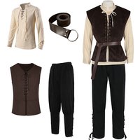 4 Pcs Men's Halloween Renaissance Costume Set Medieval Vest Shirt Ankle Banded Pants Viking Belt Armband Pouch