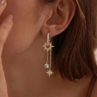 Luxury Cubic Zirconia Star Chain Tassel Earrings for Women Vintage Gold Color Sun Pendant Earrings Party Wedding Jewelry
