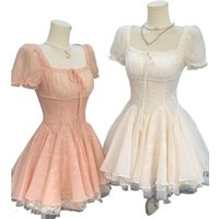 French Sweet Style Lace Puff Sleeve Elegant Dress Women Y2k Cute Bow Design Summer Dress Fashion Female Princess Party Dress New