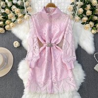Vintage Elegant Lace Embroidery Single Breasted Lantern Long Sleeve Beading Belt Mini Dress Women French Spring Summer Clothing