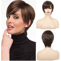 Synthetic Short Pixie Cut Brown Straight Wig with Bangs for Women Daily Party Cosplay Fake Hair Heat Resistant