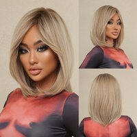 Perruques Bob courtes et lisses pour femmes noires, perruques blondes avec frange, racines foncées, remplacement de cheveux, perruque de Cosplay Lolita résistante à la chaleur