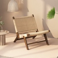 Rope-Woven Solid Wood Lounge Chair, Nordic Saddle Leather Design, Minimalist Balcony Relax Chair, Wabi-Sabi for Small Spaces