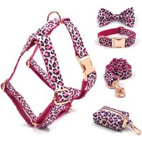 Pink Leopard Dog Harness for Girl Dogs Personalized Name Engraved Pet Collar with Safety Metal Buckles Bowtie Puppy Harness Set