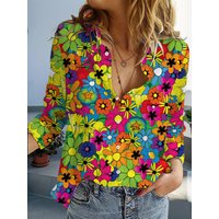 Women's Casual Flower Print Blouse Lapel Neck Blouse Women Long Sleeve Shirts Womens Clothing Casual Clothes Female Clothing
