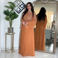 Fashion Muslim Women's Solid Color Diamond Studded Elegant Casual Trendy Loose Luxury Long Sleeve O-neck Chiffon Dress Female