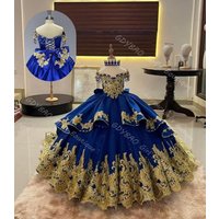 Off Shoulder Flower Girl Dress for Wedding 2-14 Kids Gold Appliqued Tiered Tulle Princess Pageant Dress With Bow/Tassel Custom