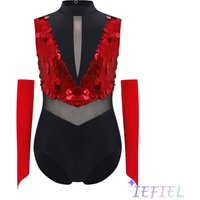 Girls Gymnastics Dance Performance Outfit Mock Neck Sleeveless Cutout Back Sparkling Sequins Color Block Leotard with Gloves