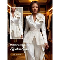 White Satin Women Suit Set 2 Piece Long Blazer+Pants Trousers Spring Flower Formal Office Lady Jacket Customized Wedding Coat