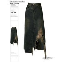 High Waist Asymmetrical Hem Denim Skirt Women's Spring Autumn Vintage Style Slimming A-Line Midi Length Wrap around Skirt