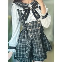 Japanese Gothic Style Rhinestone Bow Dress Shorts Set Women Sweet Long Sleeve Slim Plaid Shirt Dresses Kawaii Lolita Y2k Outfits