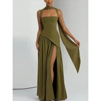 BKQU Elegant Pleated Green Maxi Dress with Scarf Lace Up Backless High Slit Sexy Slim Women's Evening Dress Temperament Gown2026