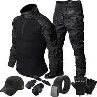 Black Camo Training Sets 1/4 Zipper Combat Tops Tactical Suits Hiking Pants Men Durable Shirts Multiple Pockets Wear-resisting