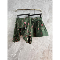 Pink Floral Print Green Linen Two Piece Set Vacation Style Off Shoulder Top Short Skirt Elegant Summer Women's New Clothing