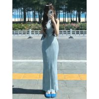 Blue Sleeveless Vest Dress Women's Summer Vacation Style Slim Fit Long Skirt High Waist Polyester Blend Breathable Knitted H-...
