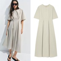 Women's Dress 2026 Summer New Pleated Taffeta Elegant Back Zipper Neck Design Multi-Color Round Neck Women's Dress