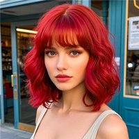 14" Red Short Bob Wigs With Bangs For Women, Fluffy Wavy Shoulder-Length Synthetic Colorful Wig For Cosplay Daily Party