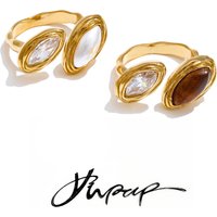 Yhpup Adjustable Stainless Steel Ring Natural Tiger Stone Simulated Pearls Zircon Golden PVD Plated Premium Chic Finger Jewelry