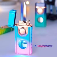 Metal Double Flame Butane Gas Lighter Creative LED Blue Light Transparent Gas Window Grinding Wheel Ignition Smoke Accessories