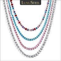 LUXUSTEEL Colorful Full of Rhinestones Stainless Steel Necklace for Women Men Iced Out Tennis Chain Crystal Choker HipHop Jewelr
