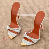 Plated Pointy Twist Strap Slippers Women White Python Covered Toe Strap High Heels Shoes Female Sexy 2023 Summer Holiday Slides