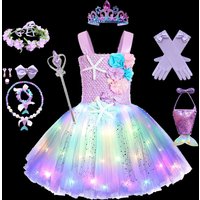 Pricness Girls Mermaid Tutu Dresses with LED Lights Sea Theme Party Starfish Ariel Cosplay Costumes Purple Ball Gown Dress