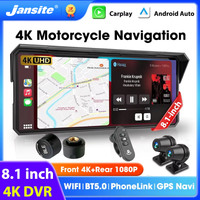 Jansite 8.1 inch Motorcycle Carplay 4K+1080P Dual Lens IPX7 Waterproof Wireless CarPlay and Android Auto Moto GPS Navigation