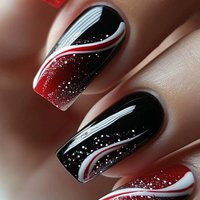 Medium long fake nails for women girls gradient black red beige nail art tips with glitters and strips press on false nail art