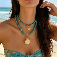 2PCS Turquoise Layered Choker Necklace Set Gold Seashell Starfish Pendant Boho Summer Beach Vacation Jewelry