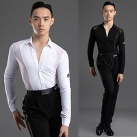Latin Dance Tops Men Long Sleeve Shirt for Competition ChaCha Rumba Stage Clothes Black Latin Tops White Training Dancewear 2670