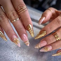 24pcs Luxury Gold 3D Floral Press On Nails almond Metallic Wave False Nails Pink Nude Gold Elegant Nail Art sweet cool Wearable