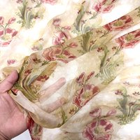 Vintage Sheer Brown Ombre Red Poppy Print Chiffon Fabric for Flowy Dress Boho Skirt Romantic Clothing Sewing Material Fabrics