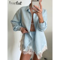 Beach Shirts Shorts Outfits Women Lapel Single Breasted Long Sleeves Lace Patchwork Sets Female 2026 Spring Summer Holiday Sets